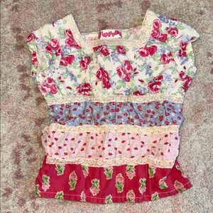 Flapdoodles Floral Patchwork Ruffled Top - Cream, Blue, Pink, Red 4T